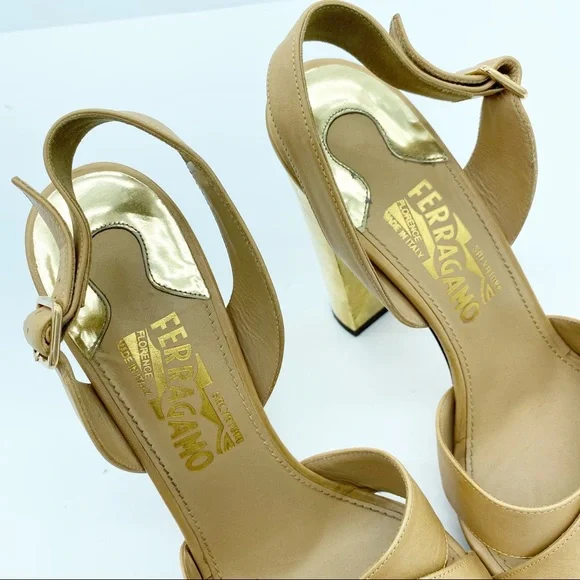 Salvatore Ferragamo Gold Block Heel Leather Sandals - Picture 2 of 11